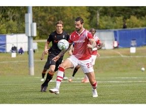 Cavalry FC's Marcus Haber moves the ball downfield during Tuesday afternoon's outing in Charlottetown, P.E.I.