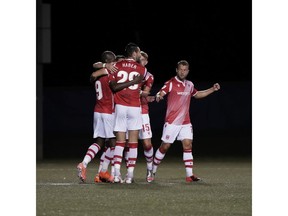 Cavalry FC celebrates the first goal of the evening. Photo courtesy CPL/Chant Photography.