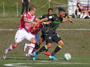 Cavalry FC’s Elliot Simmons chases down the ball against York9 FC during their match in Charlottetown, P.E.I. on Sept. 5, 2020. (CPL/Chant Photography)