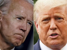 This combination of pictures shows Democratic presidential candidate and former Vice President Joe Biden, left, on July 14, 2020 at the Chase Center in Wilmington, Delaware, and U.S. President Donald Trump speaking to the press as he makes his way to board Marine One from the South Lawn of the White House in Washington, D.C., on Sept. 24, 2020.