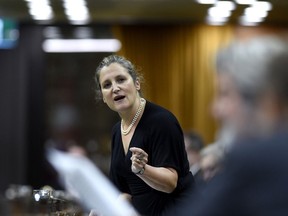 Deputy Prime Minister and Minister of Finance Chrystia Freeland rises during Question Period in the House of Commons on Parliament Hill in Ottawa on Tuesday, Sept. 29, 2020.