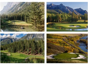 For Postmedia's Wes Gilbertson, the best shot in golf is the downhill Par-3. Here are a few of his favourites within easy driving distance of Calgary -- clockwise from top left, No. 4 at Fairmont Banff Springs, No. 4 at Kananaskis Country's Mount Kidd Course, No. 9 at Stewart Creek and No. 16 at the Links of GlenEagles. (Courtesy photos)