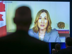 Canada's Ambassador to the United States Kirsten Hillman speaks via video link at the Global Business Forum in Banff, Thursday, Sept. 24, 2020.