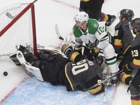Dallas Stars’ Corey Perry watches the puck go in the net past Vegas Golden Knights goalie Robin Lehner (90) during NHL Western Conference final playoff action in Edmonton on Sept. 14, 2020. Jason Franson/The Canadian Press