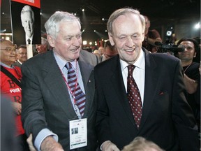 Former prime ministers John Turner, left, and Jean Chrétien greet each other at the federal Liberal leadership convention in Montreal in 2006.