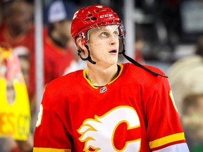 Calgary Flames Juuso Valimaki, pictured during a game against the Chicago Blackhawks on Nov. 3, 2018. The young defenceman is currently out with an injured knee.