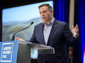 Premier Jason Kenney speaks at the press conference at BMO Centre in Calgary announcing a major investment in irrigation infrastructure in the province on Friday, Oct. 9, 2020.