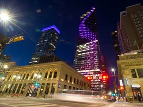 The Douglas Coupland art installation Northern Lights debuted on the Telus Sky building in Calgary on Saturday, October 24, 2020. 

Gavin Young/Postmedia