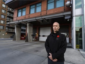 Matt Osborne, spokesperson for the Calgary Firefighters Association, poses for a photo outside the Eau Claire Fire Station No. 6 on Saturday, October 31, 2020. The hall could be closed to accommodate growth on the edge of the city, according to two city councillors.