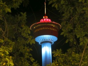 The Calgary Tower puts on spectacular light shows nightly, with 132 lights used to produce more than 16.5 million effects and colour combinations. Darren Makowichuk/Postmedia