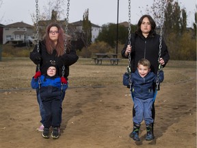 Stephanie Wigmore, left, with five-year-old Harrison and Michelle L'Heureux , right, with son Hayden Thibodeau, 4. Both boys aged out of their pre-school language therapy in the public system because of the recent provincial changes to PUF grants.