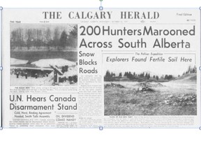The front page of the Calgary Herald on Oct. 23, 1957 recounted the snowiest and coldest Oct. 22 the city had ever seen.