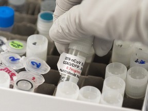 Dr. Nita Patel, Director of Antibody discovery and Vaccine development, lifts a vial with a potential coronavirus, Covid-19, vaccine at Novavax labs in Gaithersburg, Maryland on March 20, 2020.