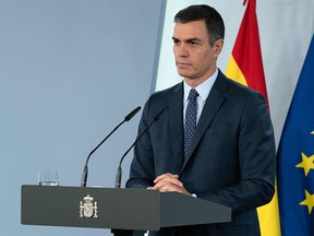 Spanish Prime Minister Pedro Sanchez holds a press conference at La Moncloa palace after declaring a national state of emergency on October 25, 2020, in Madrid.
