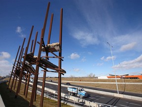 The public art piece called Bowfort Towers is shown at 16 Ave (Hwy 1) at Bowfort Rd NW in Calgary on Wednesday, October 14, 2020.