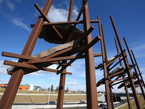 The public art piece called Bowfort Towers is shown at 16 Ave (Hwy 1) at Bowfort Rd NW in Calgary on Wednesday, Oct. 14, 2020.