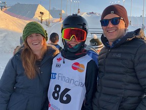 Skier Enzo Rizzuto is seen with his mother, Shannon. Enzo Rizzuto attends the National Sports School at WinSport.