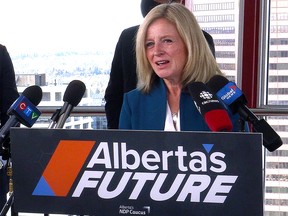 NDP leader Rachel Notley speaks to media at a press conference announcing a new initiative called Alberta's Future that proposes new economic ideas while engaging all Albertans to gather their feedback and ideas.  Thursday, October 15, 2020.
