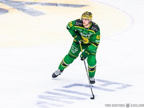 Calgary Flames prospect Juuso Valimaki wears the golden helmet — a tradition in Finland’s Liiga to signify the leading scorer on each team — during game action on Oct. 20, 2020. The 22-year-old Valimaki is on loan to Tampereen Ilves until the NHL resumes for the 2020-21 campaign.