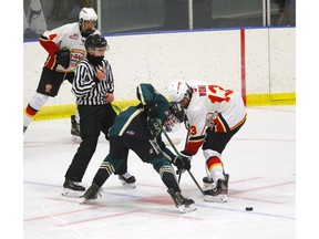 The Calgary Northstars Sabres host the Calgary Northwest Flames in Alberta Elite Hockey League U15 AAA action at the Don Hartman North East Sportsplex on Wednesday, Oct. 14, 2020, as local minor hockey resumes after being shut down in March due to the coronavirus pandemic. Darren Makowichuk/Postmedia