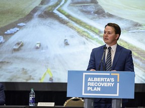 Agriculture Minister Devin Dreeshen speaks at a press conference in Calgary announcing a major investment in irrigation infrastructure in Alberta on Friday, Oct. 9, 2020.