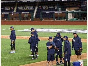 Oct 19, 2020; Arlington, Texas, USA;  Tampa Bay Rays players before a workout session the day before the start of the World Series against the Los Angeles Dodgers at Globe Life Park. Mandatory Credit: Kevin Jairaj-USA TODAY Sports ORG XMIT: IMAGN-431124