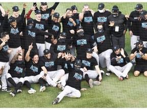 Oct 2, 2020; Chicago, Illinois, USA; The Miami Marlins pose for a photo after defeating the Chicago Cubs in game two of a Wild Card playoff baseball game at Wrigley Field. Mandatory Credit: David Banks-USA TODAY Sports ORG XMIT: IMAGN-430917