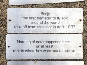 A prankster put up humours commemorative plaques on benches in a Calgary park. Most of the plaques mark events that obviously never happened.