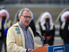 Alberta Transportation Minister Ric McIver speaks at the opening of the Tsuut'ina Trail section of the southwest Calgary ring road on Thursday, October 1, 2020.