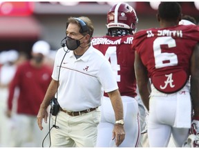 Oct 3, 2020; Tuscaloosa, Alabama, USA; Alabama Head Coach Nick Saban wears a mask on the sideline as he coaches his team at Bryant-Denny Stadium. Alabama defeated A&M 52-24. Mandatory Credit: Gary Cosby Jr/The Tuscaloosa News via USA TODAY Sports ORG XMIT: USATSI-427772