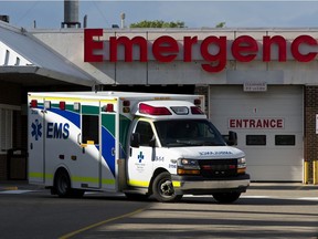 An ambulance leaves the emergency department at the Misericordia Hospital, in Edmonton Monday July 6, 2020. File photo.