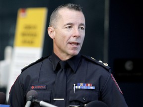 Mark Neufeld, Calgary Police Chief, speaks to reporters after a day of discussion at City Hall on future policing budgets in Calgary. Thursday, Sept. 10, 2020.