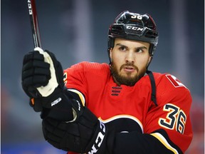 Calgary Flames Zac Rinaldo during warm-up before facing the Vancouver Canucks during pre-season NHL hockey in Calgary on Monday September 16, 2019. Al Charest / Postmedia