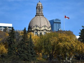 The Alberta legislature surrounded by fall colours on Oct. 1, 2020.