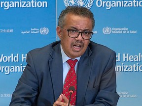 WHO Chief Tedros Adhanom Ghebreyesus attends a virtual news briefing on COVID-19 from the WHO headquarters in Geneva on April 6, 2020.