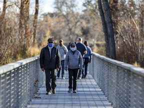 Two masked pedestrians walk on a bridge at St. Patrick’s Island Park on Sunday, Nov. 1, 2020.