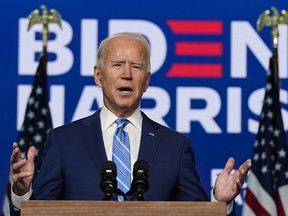 WILMINGTON, DE - NOVEMBER 04: Democratic presidential nominee Joe Biden speaks one day after Americans voted in the presidential election, on November 04, 2020 in Wilmington, Delaware. Biden spoke as votes are still being counted in his tight race against incumbent U.S. President Donald Trump.