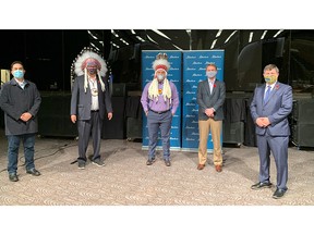 L-R: Councillor Samuel Crowfoot, Chief Whitney-Onespot, Chief Ouray Crowfoot, Tyler Shandro, Minister of Health and Rick Wilson, Minister of Indigenous Relations.
