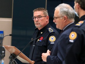 Chief paramedic Darren Sandbeck, left and AHS vice president and medical director of clinical operations Dr. Ted Braun present to Calgary City Council on Monday, November 2, 2020.