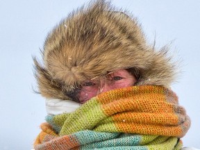 Deborah Miller bundles up against the wind and blowing snow while walking with her dogs on Tom Campbell's Hill in Calgary on Sunday, November 8, 2020. A blast of winter hit the Calgary over the weekend.