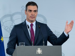 Spanish Prime Minister Pedro Sanchez arrives to speak during a news conference at the Moncloa Palace in Madrid, Spain, November 22, 2020.