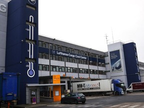 A temperature controlled haulage truck in a loading bay outside the Deutsche Lufthansa AG Cargo Cool Center at Frankfurt Airport in Frankfurt, Germany, on Monday, Nov. 16, 2020.