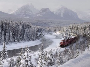 A Canadian Pacific freight train travels around Morant's Curve near Lake Louise, Alta., on Monday, Dec. 1, 2014. A study looking at 646 wildlife deaths along the railway tracks in Banff and Yoho national parks in Alberta and British Columbia has found that train speed is one of the biggest factors.