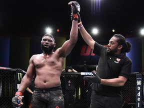 Curtis Blaydes reacts after a victory on June 20, 2020, in Las Vegas.