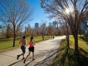 It was shorts and shirtless conditions for runners as a record high temperature was recorded in Calgary on Monday, November 2, 2020. 

Gavin Young/Postmedia