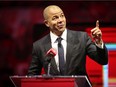 Jarome Iginla, Calgary Flames all-time leader in points and games played, during his jersey retiring ceremony at the Scotiabank Saddledome in Calgary on Saturday, March 2, 2019.