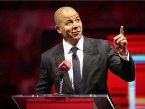Jarome Iginla Calgary Flames all-time leader in points and games played during his jersey retiring ceremony at the Scotiabank Saddledome in Calgary on Sunday, March 3, 2019. Al Charest/Postmedia