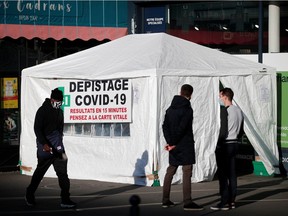 A COVID-19 mobile tent testing area is pictured in front of a pharmacy near Gare de Lyon train station in Paris, France, November 5, 2020.