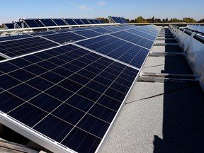Solar panels atop the Southland Leisure Centre in Calgary in 2014. At the time, it was the city's largest solar array.