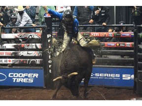Kindersley, Sask., cowboy Dakota Buttar rides to a score of 86 during the PBR Canada Finals in Grande Prairie last night. Photo by Peter Shokeir/Special to Postmedia